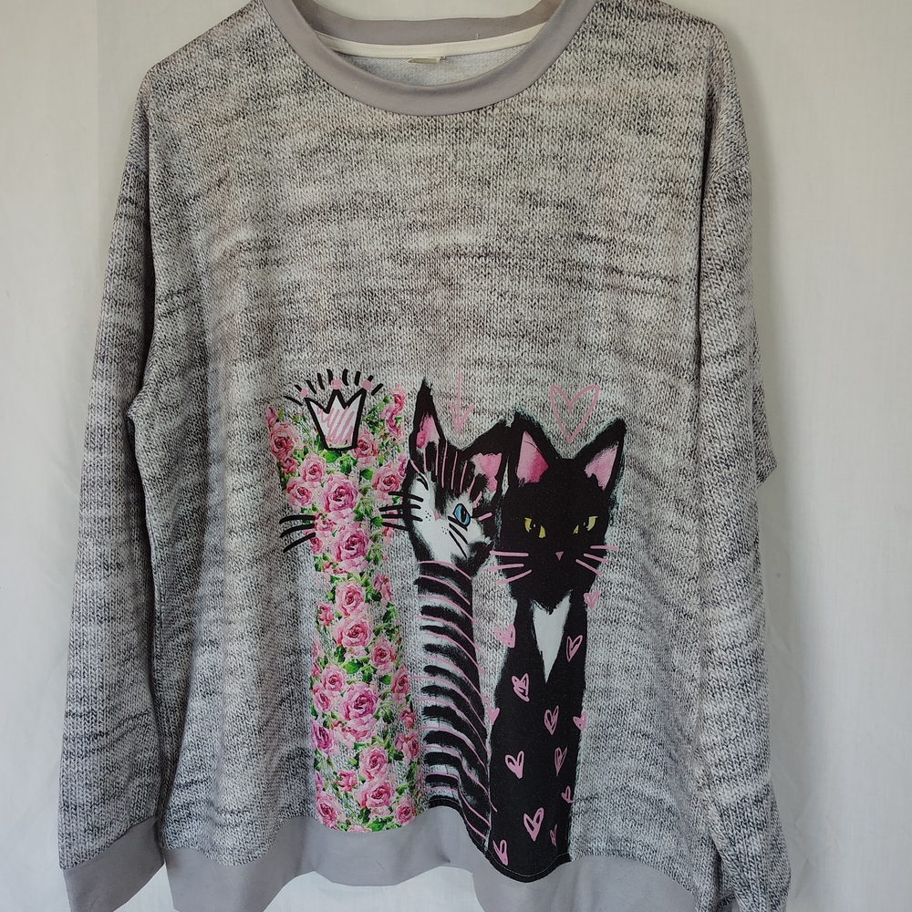 Charming Cat Design Sweater - Gray and Pink
